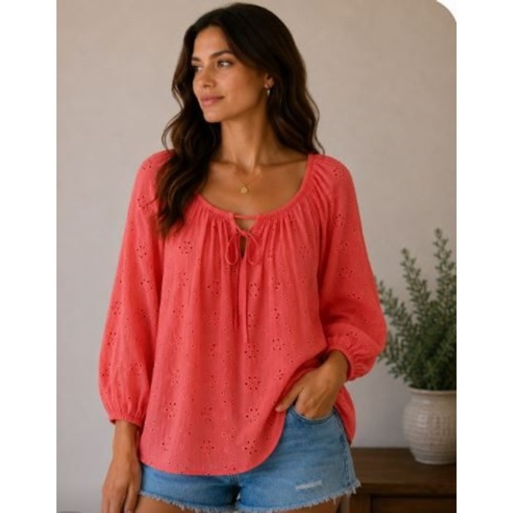 Boho Eyelet Top XL Coral Lace Peasant Cottage Airy Feminine Coral Coastal Summer